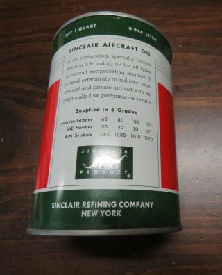 Vintage Sinclair Aircraft Motor Oil Quart Can Gas Station Aviation WOW 4