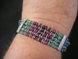 Vintage Indian Sapphire Ruby & Emerald Bead & Silver Bracelet 7 /2 Inches