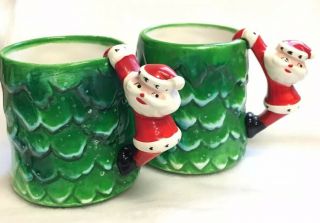 Vintage Holt Howard Christmas Mug Cup Santa Claus Handle Tree Rare Set Of 2