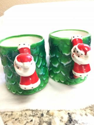 Vintage HOLT HOWARD Christmas Mug Cup Santa Claus Handle Tree Rare Set of 2 5