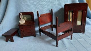 Vintage Antique Wood Dollhouse Furniture Rope Bed Armoire Dresser W Mirror Lamp