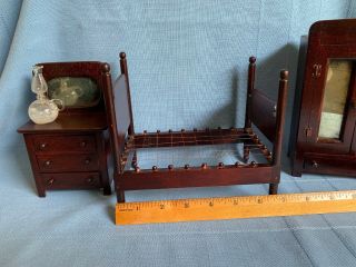 Vintage Antique Wood Dollhouse Furniture Rope Bed Armoire Dresser w Mirror Lamp 2