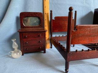 Vintage Antique Wood Dollhouse Furniture Rope Bed Armoire Dresser w Mirror Lamp 3