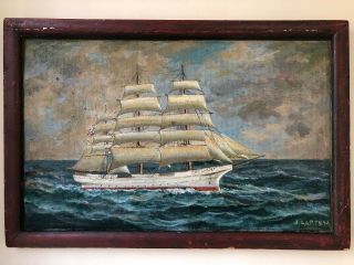 Vintage Larsen Nautical Seascape Ship Maritime Oil Painting 14x21 Beach Cottage