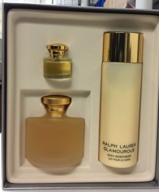Vintage Ralph Lauren Glamourous 3 Pc Gift Set,  Perfume - Spray - Moisturizer,  Nib