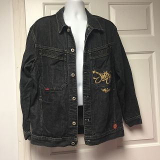 Jnco Jeans Vtg Denim Jacket Washed Black Gold Logo Los Angeles Mens Medium M