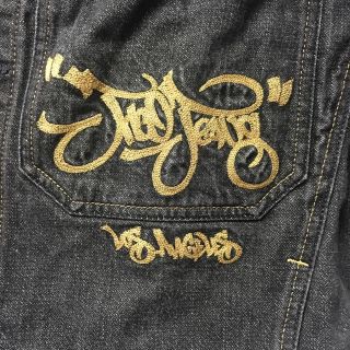 JNCO Jeans Vtg Denim Jacket Washed Black Gold Logo Los Angeles Mens Medium M 3