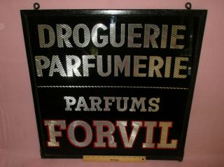 Antique Reverse Painted Glass French Perfume Forvil Advertising Drugstore Sign