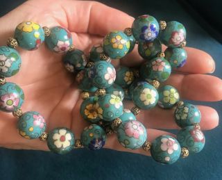Vintage Chinese Export Cloisonne Turquoise Blue Enamel Pink Flower Bead Necklace