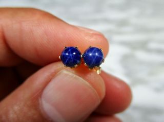 Pair Vintage Blue Star Sapphire Cabochon Solid 14k Yellow Gold Stud Earrings