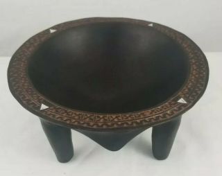 Vintage Tropical Polynesian/fijian Carved Wood & Inlaid Shell Footed Kava Bowl