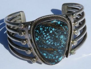 Artist Signed (unknown) - Large Vintage Sterling And Turquoise Cuff Bracelet