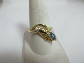 Unusual Vintage 14k Solid Gold Ring With Hand Holding Natural Blue Topaz
