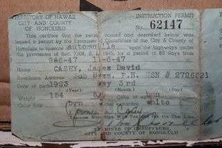 1947 Wwii Usn Navy Honolulu Hawaii Chauffeur License Hi James David Casey Rare