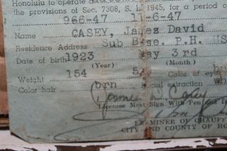 1947 WWII USN Navy Honolulu Hawaii Chauffeur License HI James David Casey Rare 4