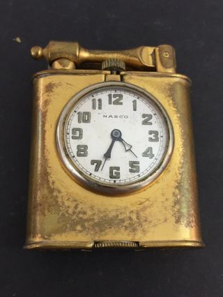 Vintage 18k Gold Plate Nasco Lift Arm Pocket Lighter With Built In Watch