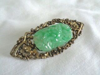 Vintage Art Deco Era Gilt Silver Flower Blossom Motif Pin Brooch Carved Jade