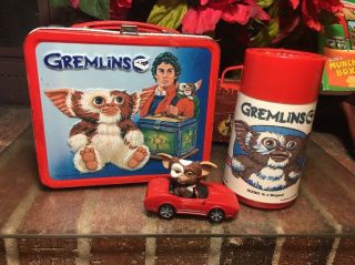 Gremlins Metal Lunchbox W/ Thermos Vintage 1984 And Gizmo In Red Convertible Car