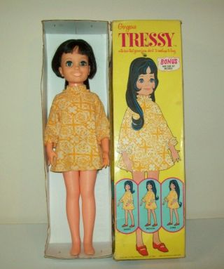 Ideal Tressy Doll W/ Black Raven Growing Hair Dress,  Panties & Box 1970