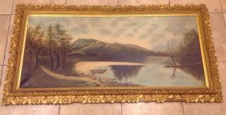 Antique Oil On Canvas Painting Of Mountain Lake Scene Ornate Gold Gilt Frame Lg