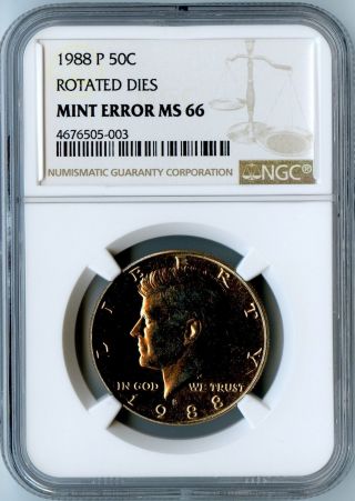 1988 - P Ngc Ms66 Rotated Dies 90 Degrees Kennedy Half Dollar 50c Extremely Rare