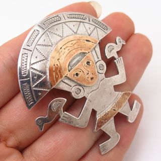 925 Sterling Silver/18k Gold Vintage Aztec Tribal Design Pin Brooch/pendant