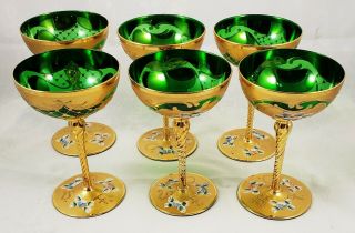 Set 6 Antique Moser Green Glass Bohemian Gilt Enamel Flower Cups Goblets Gold
