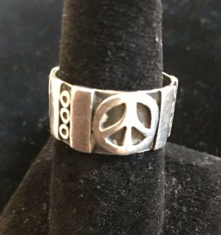1960’s Vintage Sterling Silver Mexico Biker Ring Peace Symbol - Size 10,