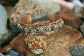 Vintage Navajo Cuff Bracelet With Carico Lake Turquoise,  Sterling Signed