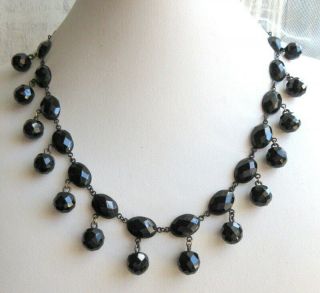 Antique Victorian French Jet Black Glass Bead Drops Mourning Necklace