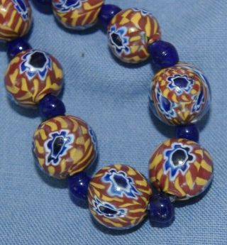 Vintage Venetian Millefiori Glass Bead Necklace - Art Deco.  - Blue & Yellow