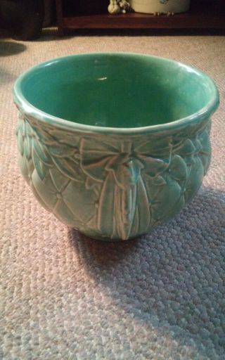 000 Vintage Large Mccoy Pottery Planter Pot Urn Light Blueish Green Quilted Leaf