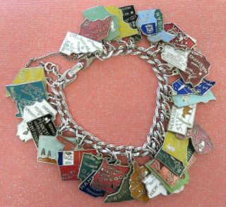 31 Charms Vtg Usa State Map Silver Tone Enamel Charm Bracelet Monet Chain