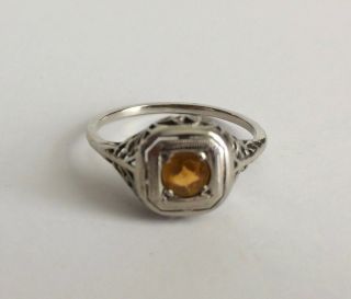 Antique 18k White Gold Ring With Ornate Deco Design & Yellow Stone,  Size 7