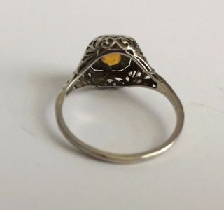 Antique 18K White Gold Ring with Ornate Deco Design & Yellow Stone,  Size 7 4