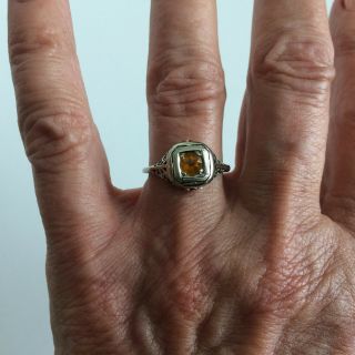 Antique 18K White Gold Ring with Ornate Deco Design & Yellow Stone,  Size 7 7