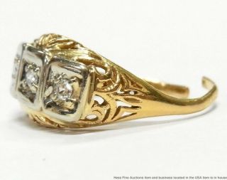 Antique Diamond 3 Stone Ring 14k Yellow Gold Filigree Art Nouveau Era 2