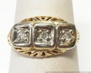 Antique Diamond 3 Stone Ring 14k Yellow Gold Filigree Art Nouveau Era 3