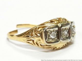 Antique Diamond 3 Stone Ring 14k Yellow Gold Filigree Art Nouveau Era 4