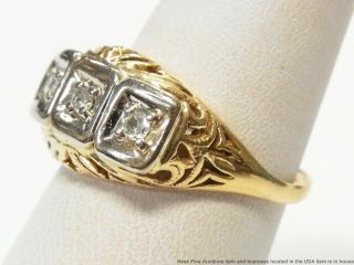 Antique Diamond 3 Stone Ring 14k Yellow Gold Filigree Art Nouveau Era 8