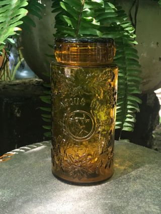 Antique/vintage Falccus Fruit Jar Steers Head Warm Honey Amber Pint