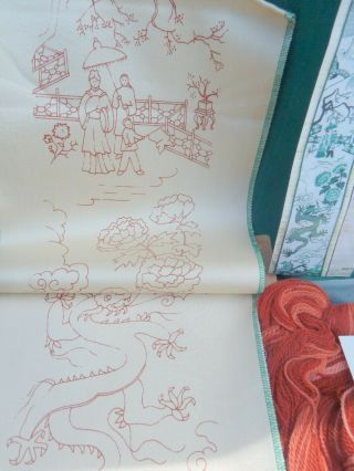Vtg ELSA WILLIAMS Crewel Satin Bell Pull Chinese DYNASTY Dragon Embroidery Kit 5
