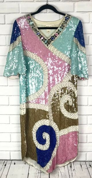Vintage Judith Ann Creations Size Small Silk Sequins Beaded Dress Blue Pink