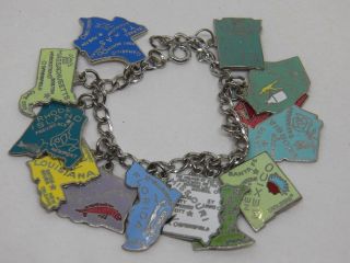 Vintage Sterling Silver Charm Bracelet With 13 American State Charms 6 "