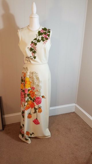 Ivory Floral Hawaiian Long Gown Vintage Alfred Shaheen Sz 12