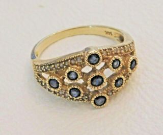 Vintage 9 Stone Blue Sapphire Ladies 14 K Yellow Gold Ring Sz 8