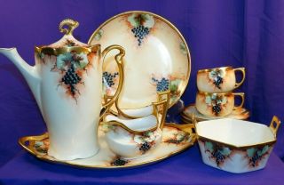Vintage Bavaria Hand Painted China 14pc Coffee Service Set Hutschenreuther Grape
