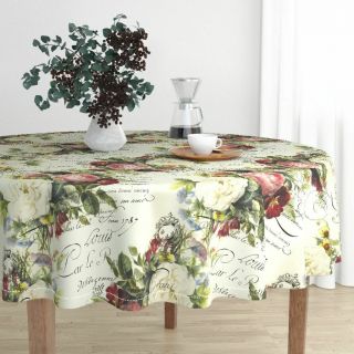 Round Tablecloth Words Flowers Roses Vintage Cotton Sateen