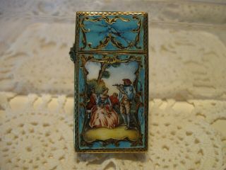 Antique Sterling Hand Enamelled And Engraved Lighter Case With Gold Gilding