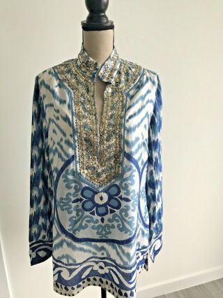 NWOT Size 14 $395 Tory Burch Embellished Ocean 100 Silk Tunic Bust 44 